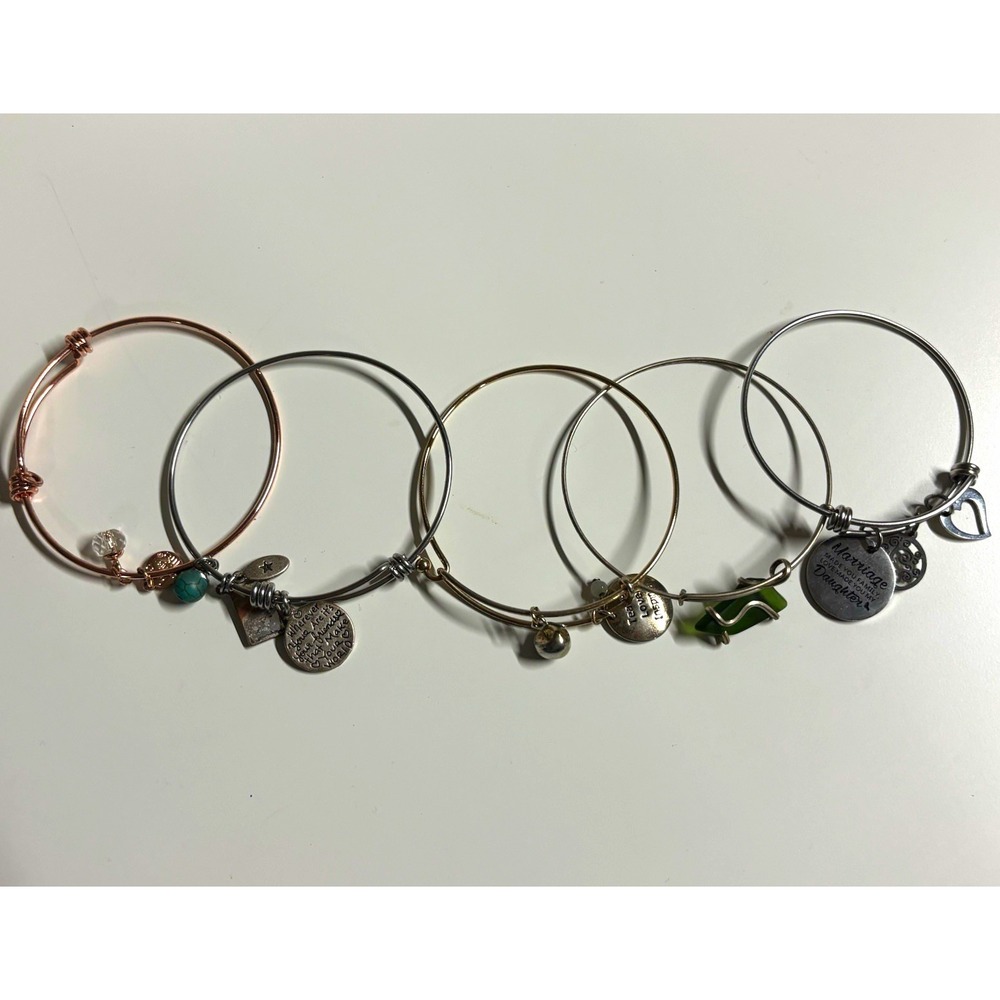 Lot of 5 Silver Wire Bangle Charm Bracelets Adjustable Dangle Charms Mixed Metal